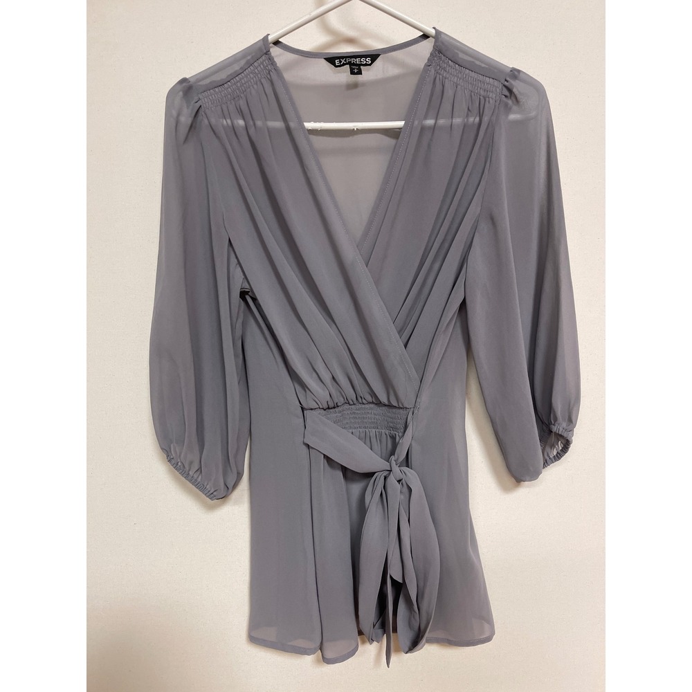 Express Womens Small Blue Gray Chiffon Surplice Wrap Blouse Smocked Waist Top